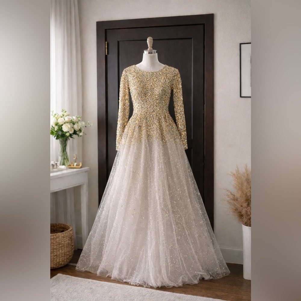 Custom Bespoke Liquid Gold & Platinum Ombré Sequin Gown, Size ~SP or 4